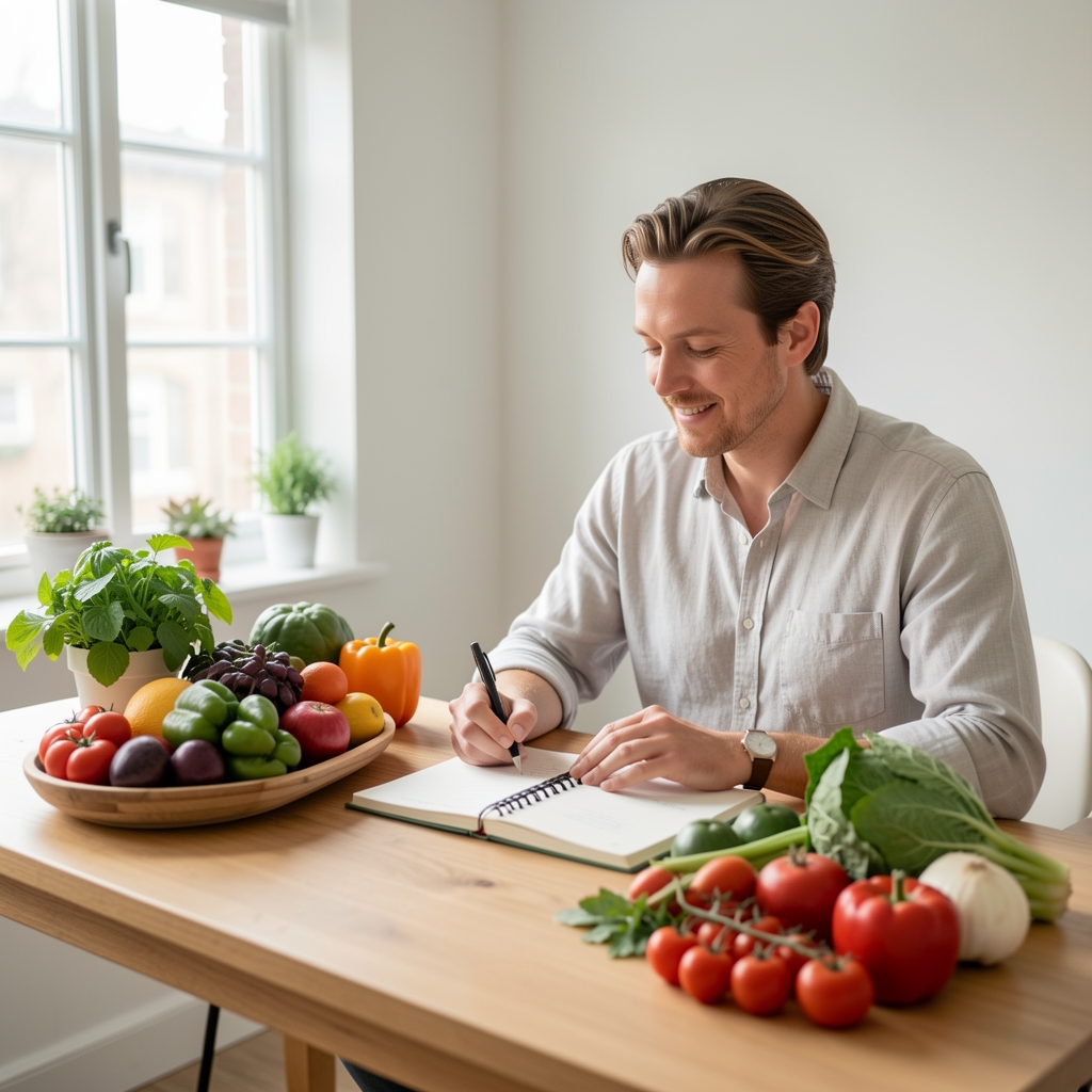 Writing desk with a notebook open to food observation entries, a small plate of fruit visible at the edge, natural light from a tall window