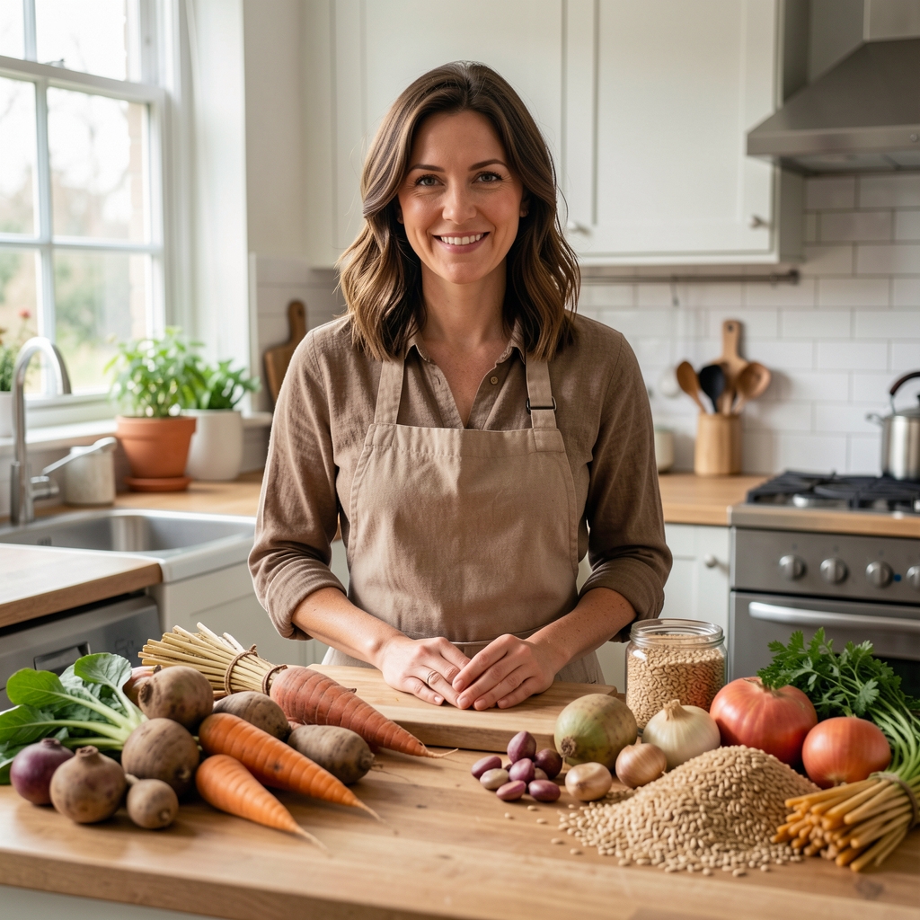 Guest food writer photographed in a kitchen with seasonal root vegetables and grains spread across a wooden counter