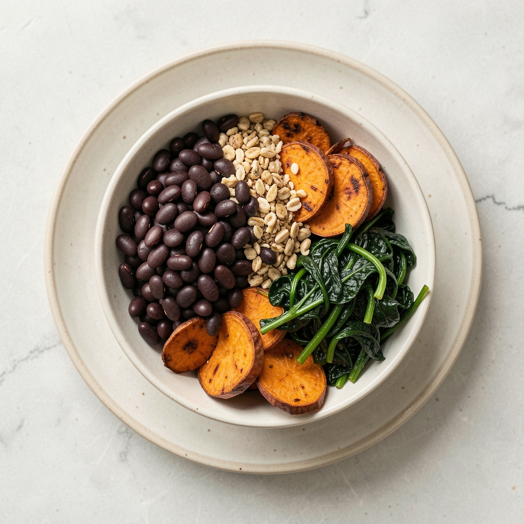 Overhead flat-lay of a legume-based breakfast bowl with black beans, roasted sweet potato and dark greens on a pale ceramic plate