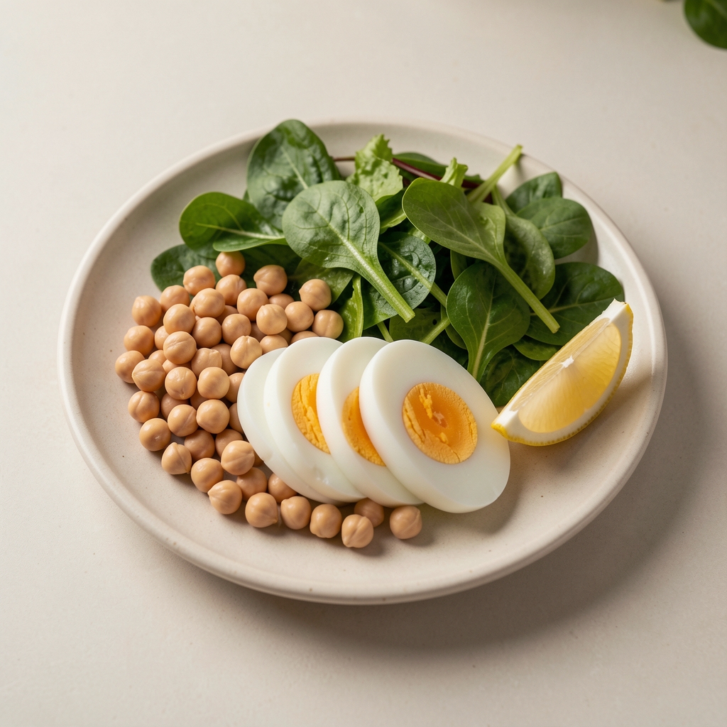 Assembled lunch plate showing sliced hard-boiled eggs, cooked chickpeas, leafy salad greens and a wedge of lemon on a pale ceramic surface