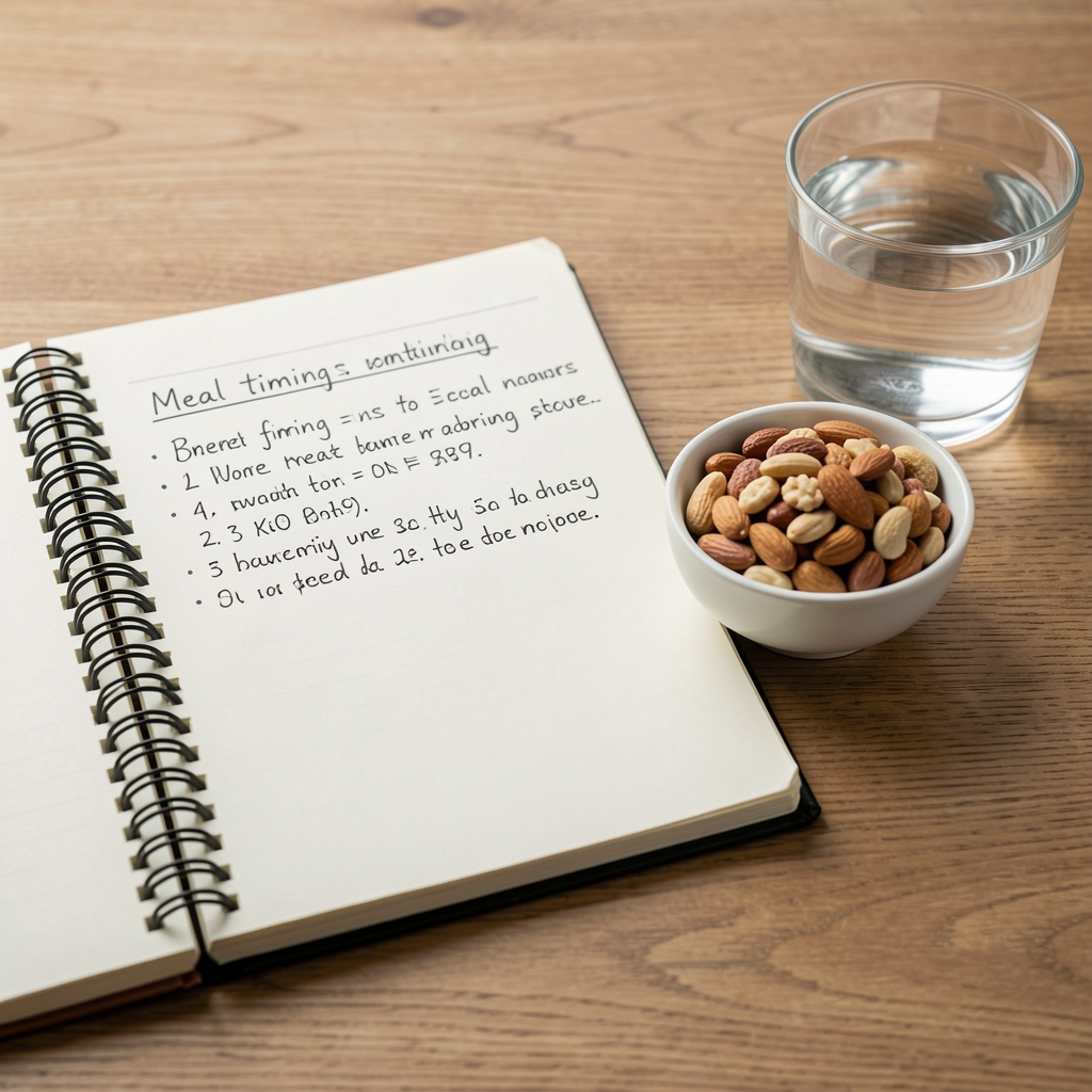 Notebook page with handwritten meal timing observations alongside a small bowl of mixed nuts and a glass of water on a wood desk