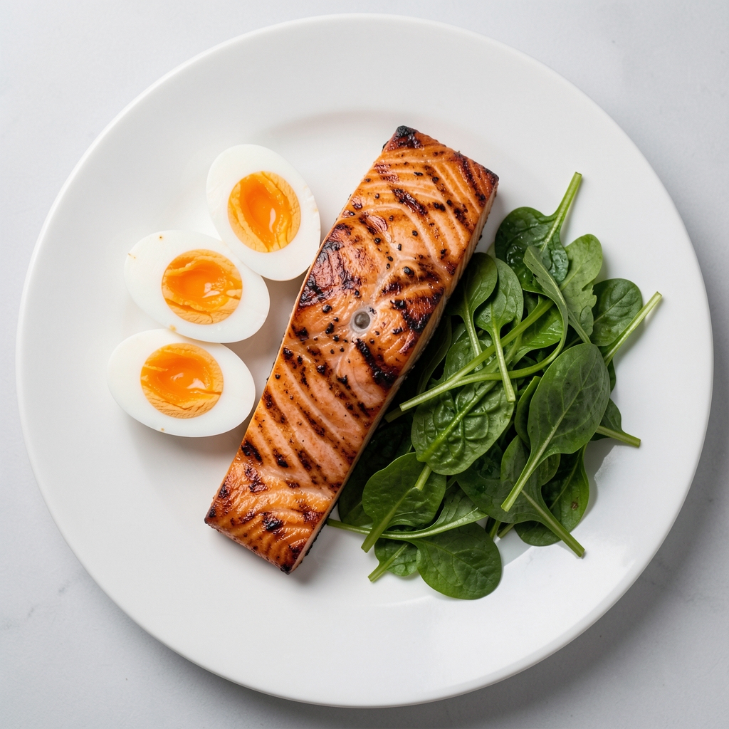 Grilled salmon fillet alongside soft-boiled eggs and leafy greens on a white ceramic plate, editorial overhead photography