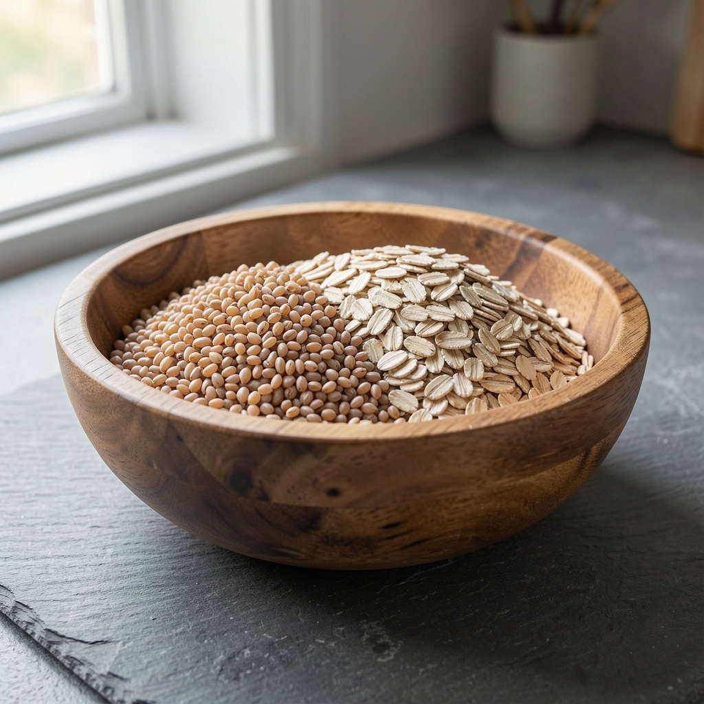 Rustic wooden bowl filled with cooked whole grains — barley, oats, farro — on a slate grey counter with natural window light